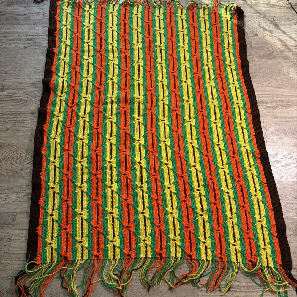 70s‎ Vtg Diamond Crochet Knitted Afghan Blanket Brown Orange Retro Handmade